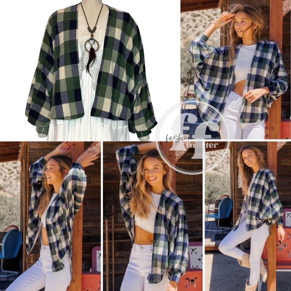 Ces Femme Olive Green Plaid Dolman Sleeve Cocoon Jacket Kimono Cardigan - Picture 1 of 6